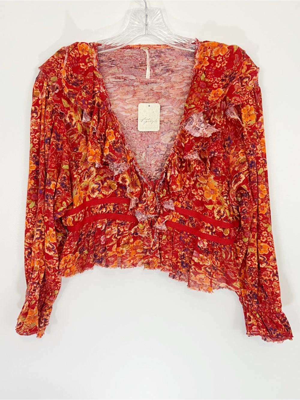 Free People Floral Rudi Ruffle Top Size Small NWT Cherry Combo - Picture 3 of 8